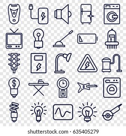 Electric icons set. set of 25 electric outline icons such as washing machine, electric razor, ironing table, vacuum cleaner, clean fridge, bulb, traffic light, tv, arm lever