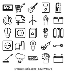 Electric icons set. set of 25 electric outline icons such as mill, plug socket, washing machine, vacuum cleaner, arm lever, guitar, fluorescent lamp, thunderstorm, battery