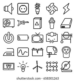Electric icons set. set of 25 electric outline icons such as mill, electric razor, washing machine, iron, circular saw, concrete mixer, electric saw, battery, low battery