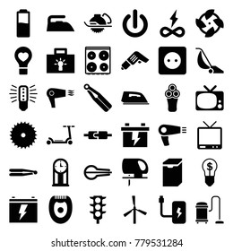 Electric icons. set of 36 editable filled electric icons such as mill, hair dryer, hair straightener, iron, cooker, blade saw, battery, fan, bulb, endless battery