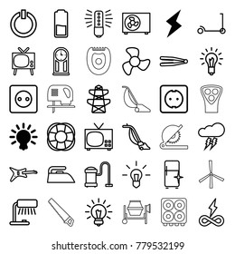Electric icons. set of 36 editable outline electric icons such as flash, bulb, kick scooter, plug socket, hair straightener, iron, vacuum cleaner, clean fridge, pylon