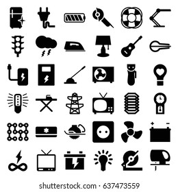 Electric icons set. set of 36 electric filled icons such as plug socket, ironing table, iron, clean fridge, battery, circular saw, pylon, fan, traffic light, bulb heart, tv