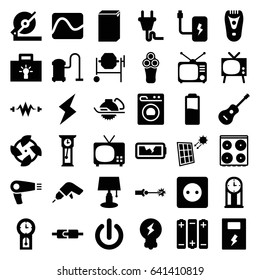 Electric icons set. set of 36 electric filled icons such as plug socket, hair dryer, electric razor, washing machine, cooker, vacuum cleaner, drill, circular saw