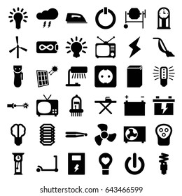 Electric icons set. set of 36 electric filled icons such as mill, kick scooter, hair straightener, ironing table, iron, washing machine, vacuum cleaner, battery