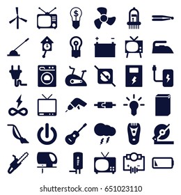 Electric icons set. set of 36 electric filled icons such as mill, hair straightener, electric razor, iron, washing machine, vacuum cleaner, bulb, drill, circular saw