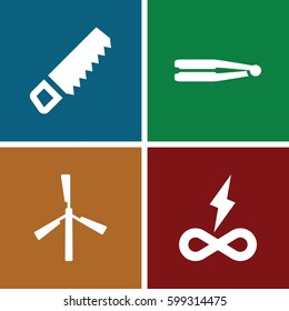 electric icons set. Set of 4 electric filled icons such as mill, hair straightener, saw
