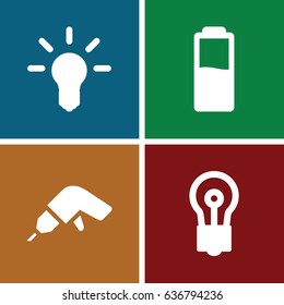 Electric icons set. set of 4 electric filled icons such as bulb, drill