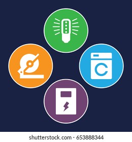 Electric icons set. set of 4 electric filled icons such as washing machine, circular saw, battery