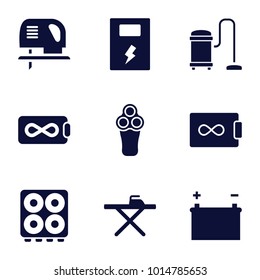 Electric icons. set of 9 editable filled electric icons such as ironing table, endless battery, battery, cooker