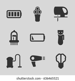Electric icons set. set of 9 electric filled icons such as hair dryer, vacuum cleaner, musical instrument, ful battery, low battery