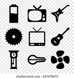 Electric icons set. set of 9 electric filled icons such as blade saw, fan, tv, musical instrument, guitar, battery