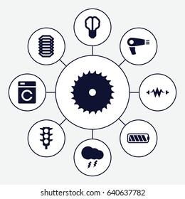 Electric icons set. set of 9 electric filled icons such as washing machine, hair dryer, blade saw, traffic light, thunderstorm, battery, electric circuit, brain bulb
