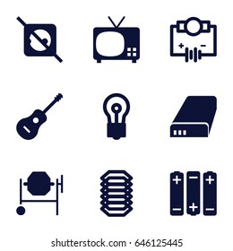 Electric icons set. set of 9 electric filled icons such as bulb, concrete mixer, guitar, battery, electric circuit, no plug, tv