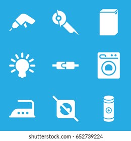 Electric icons set. set of 9 electric filled icons such as washing machine, iron, drill, electric saw, battery, bulb, no plug
