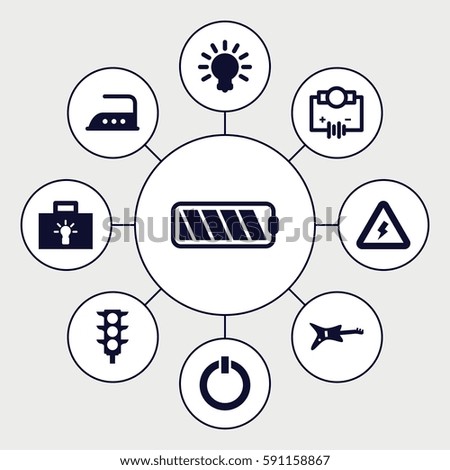 electric icons set. Set of 9 electric filled icons such as iron, traffic light, switch off, voltage warning, battery, bulb, guitar