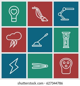 Electric icons set. set of 9 electric outline icons such as hair straightener, electric razor, vacuum cleaner, bulb heart, arm lever, table lamp, flash, thunderstorm