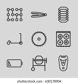 Electric icons set. set of 9 electric outline icons such as kick scooter, hair straightener, cooker, blade saw, concrete mixer