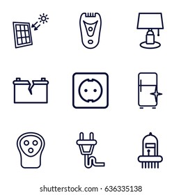 Electric icons set. set of 9 electric outline icons such as electric razor, clean fridge, musical instrument, plug socket, plug, solar panel, broken battery