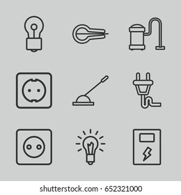 Electric icons set. set of 9 electric outline icons such as plug socket, vacuum cleaner, bulb, arm lever, musical instrument, plug, light bulb