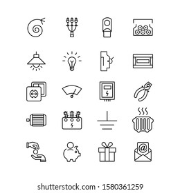 Electric icons set. Set of electric cable, pvc pipes, led lamps and spot lights, relay, electrical products.