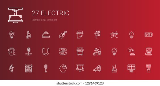 electric icons set. Collection of electric with drum, electric car, lamp, bulb, traffic light, subway entrance, guitar, idea, stove, switch. Editable and scalable icons.