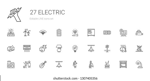 electric icons set. Collection of electric with drum, vacuum cleaner, guitar, lamp, heater, washing machine, panels, idea, global warming. Editable and scalable electric icons.