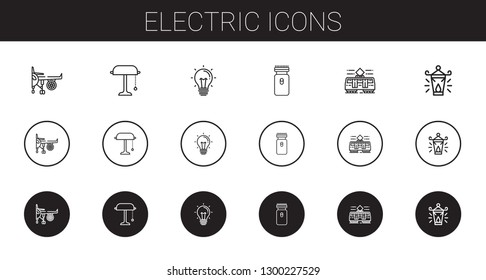 electric icons set. Collection of electric with engine, desk lamp, idea, electric razor, tram, oil lamp. Editable and scalable icons.