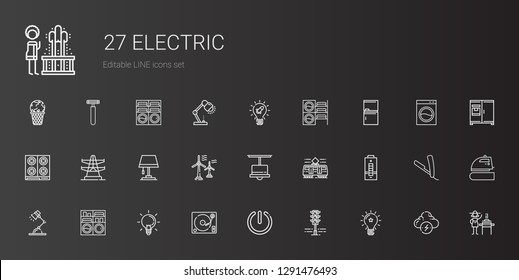 electric icons set. Collection of electric with idea, traffic light, power, turntable, ideas, washing machine, desk lamp, battery, tram. Editable and scalable electric icons.
