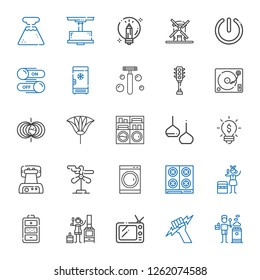 electric icons set. Collection of electric with stove, zeus, tv, battery, portable fridge, washing machine, wind turbine, waffle iron, idea. Editable and scalable electric icons.