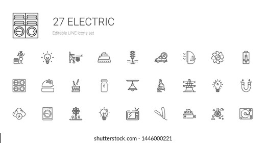 electric icons set. Collection of electric with stove, razor, tv, idea, windmill, washing machine, brainstorm, electric tower, vacuum cleaner. Editable and scalable icons.