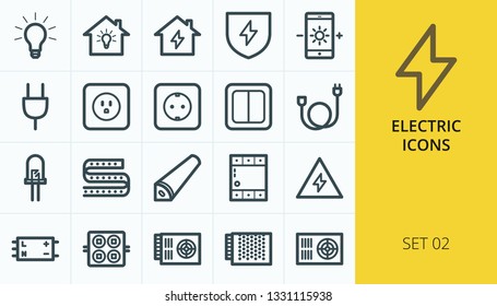 Electric icons set. Set of home electrification, electric socket, extension cable, wire, cord, led diode, power supply, diode strip vector icons