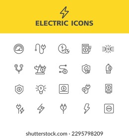 Iconos eléctricos simple conjunto de iconos de línea, símbolo de energía eléctrica, concepto de energía renovable verde, tecnología futurista con neón turquesa para sitio web, aplicación móvil. diseño vectorial.
