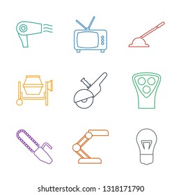 electric icons. Trendy 9 electric icons. Contain icons such as bulb, table lamp, chain saw, electric razor, saw, concrete mixer, arm lever. icon for web and mobile.