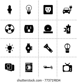 Electric icons. vector collection filled electric icons. includes symbols such as bulb, spark plug, spark coil, tv, electric car. use for web, mobile and ui design.
