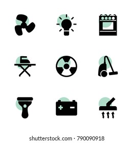 Electric icons. vector collection filled electric icons set.. includes symbols such as bulb, car battery, fan, vacuum cleaner, ironing. use for web, mobile and ui design.
