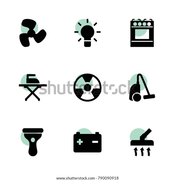 Electric icons. vector\
collection filled electric icons set.. includes symbols such as\
bulb, car battery, fan, vacuum cleaner, ironing. use for web,\
mobile and ui design.