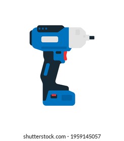 Electric impact wrench, cordless impact side view. Power tools for home, construction and finishing work. Professional worker tool. Vector illustration isolated on white background.