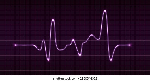 Electric impulse signal, heart beat pulse monitor, oscilloscope electrocardiogram graph. Purple glowing  electric light effect. MOdern technology vector illustration