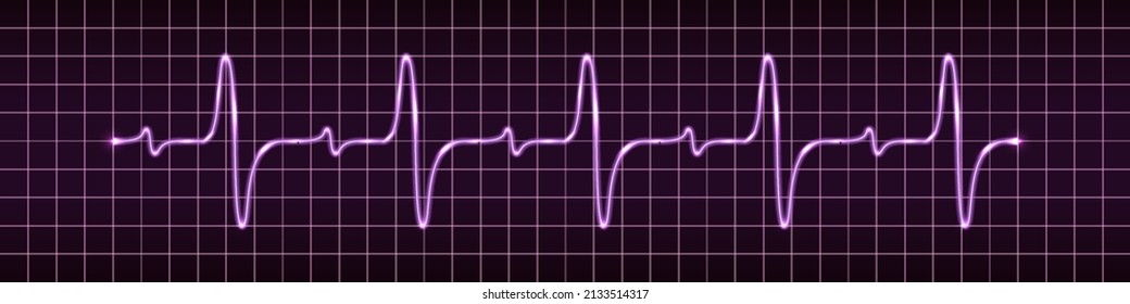 Electric impulse signal, heart beat pulse display. Oscilloscope cardiogram graph. Purple glowing light sine wave. Modern technology vector illustration