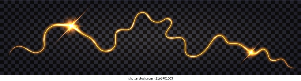 Electric impulse wavy swirl, lightning thunder bolt with glowing light effect. Shock flash strike,  yellow wire cable, cyber technology design element. Vector illustration