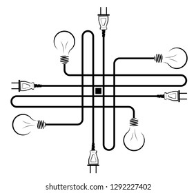 Electric incandescent lamp with wire and plug. Logo for an electrical company. Power supply and energy saving. Black and white logo.