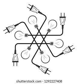 Electric incandescent lamp with wire and plug. Logo for an electrical company. Power supply and energy saving. Black and white logo.
