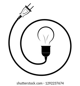 Electric incandescent lamp with wire and plug. Logo for an electrical company. Power supply and energy saving. Black and white logo