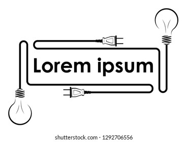 Electric incandescent lamp with wire and plug. Logo for an electrical company. Power supply and energy saving. Black and white logo.