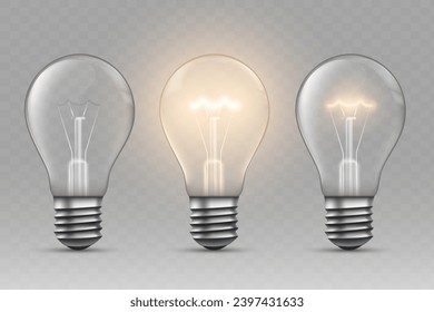 Electric incandescent light bulbs mockups. Vector collection. Template isolated on transparent background.