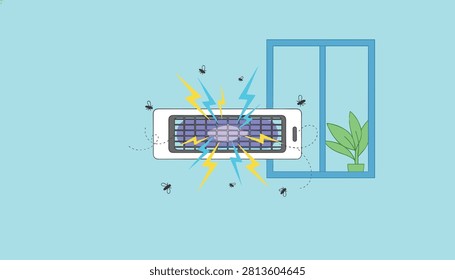 Electric insect killer lamp zapping flying bugs near a window, showcasing modern pest control and residential hygiene.