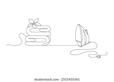 Plancha eléctrica dibujada en una línea continua en estilo minimalista, electrodomésticos, asistente doméstico, lino planchado, en una línea, contorno de Vector editable.