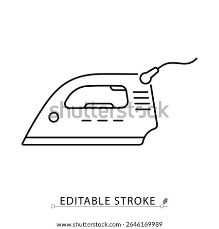 An electric iron icon in minimalist style with editable stroke. Steam appliance, garment care, laundry tool, fabric smoothing, household equipment, outline object, vector line illustration.