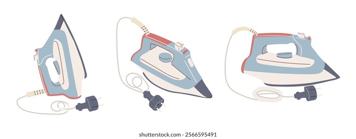 Electric iron for ironing clothes and linens. Different angles. Isolated on a white background. Flat vector illustration.