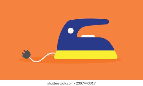 Electric iron with a plug. Flat vector illustration on orange background.